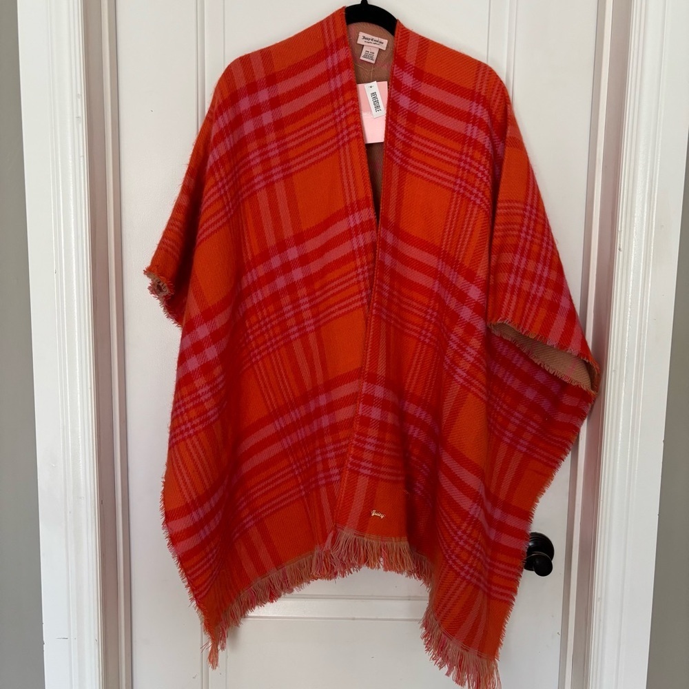 Juicy Couture reversible poncho with fringe pink orange plaid and tan pink plaid
